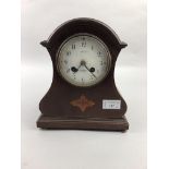 A SEARLE & CO MAHOGANY CASED MANTEL CLOCK, CAMERAS AND BINOCULARS