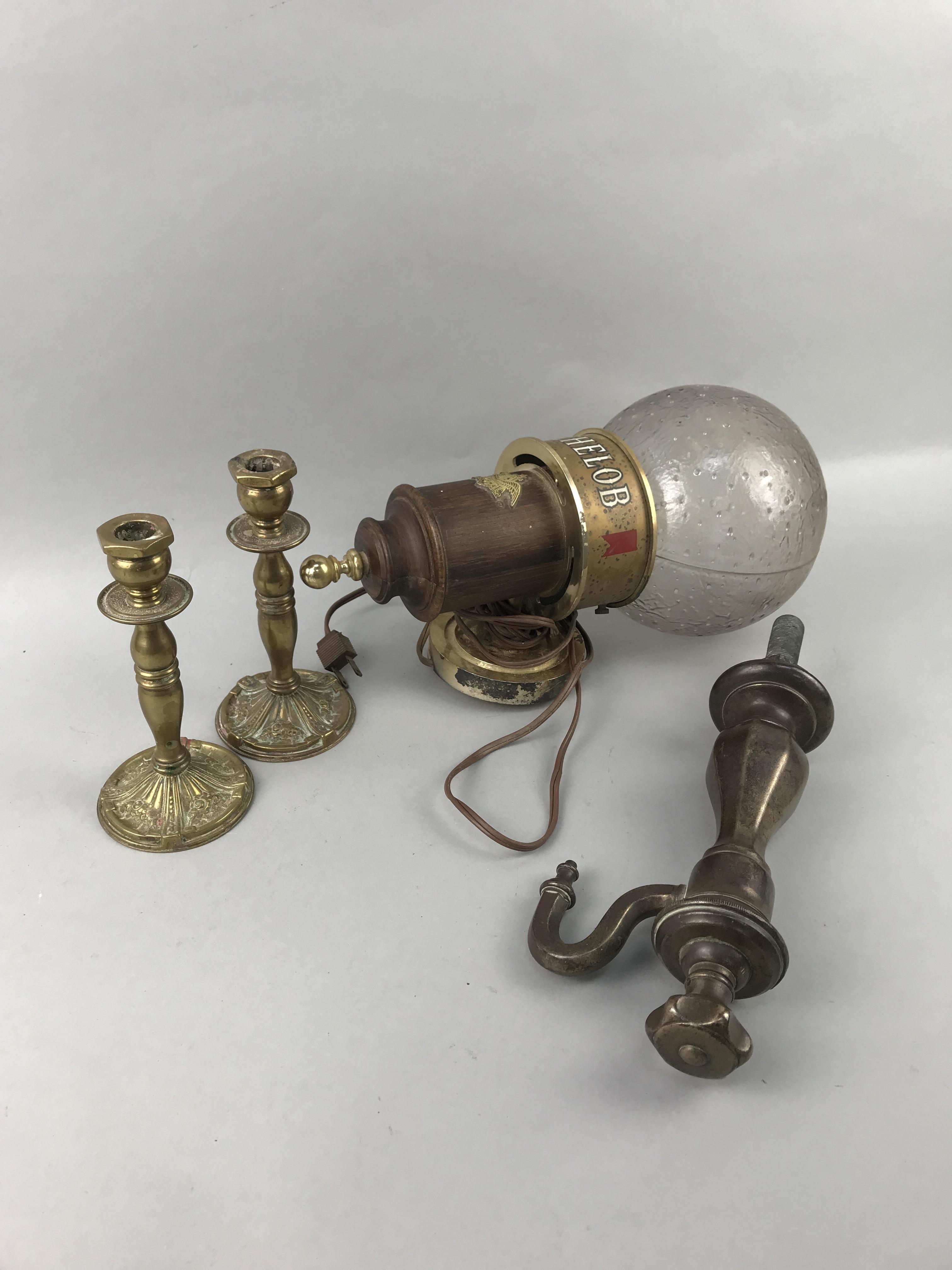 A MICHELOB ADVERTISING WALL LIGHT, BRASS WATER TAP, CANDLESTICKS AND OTHER ITEMS