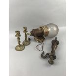 A MICHELOB ADVERTISING WALL LIGHT, BRASS WATER TAP, CANDLESTICKS AND OTHER ITEMS