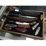 A TWO HUNTING KNIVES ALONG WITH POCKET AND OTHER KNIVES