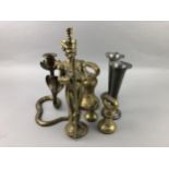 A PAIR OF EASTERN BRASS CANDLESTICKS AND OTHER BRASS OBJECTS