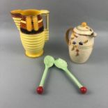 A LOT OF TWO CARLTON WARE DISHES, SALAD SERVERS, PRESERVE JAR AND OTHER CERAMICS
