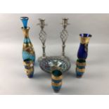 A COLOURED GLASS DECANTER AND SIX SHOT GLASS SET AND OTHER ITEMS