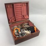 A LOT OF VARIOUS COSTUME JEWELLERY CONTAINED IN A JEWELLERY BOX