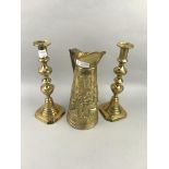 A PAIR OF BRASS CANDLESTICKS AND OTHER BRASS WARE