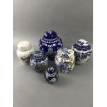 A BLUE AND WHITE GINGER JAR WITH COVER AND OTHERS