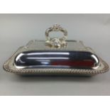 A SILVER PLATED CRUET SET IN FITTED CASE AND OTHER PLATE