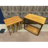 A TEAK NEST OF TABLES, A TURN OVER TEA TABLE AND A DROP LEAF TABLE