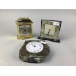 A WOODFORD GILT CASED CARRIAGE CLOCK AND SIX OTHER CLOCKS