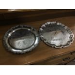 A LOT OF TWO SILVER PLATED TRAYS, TWO VINTAGE TINS AND OTHER SILVER PLATED WARE