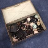 A LOT OF VINTAGE LIGHTS FITTINGS, PLUGS CONTAINED IN A METAL BOX