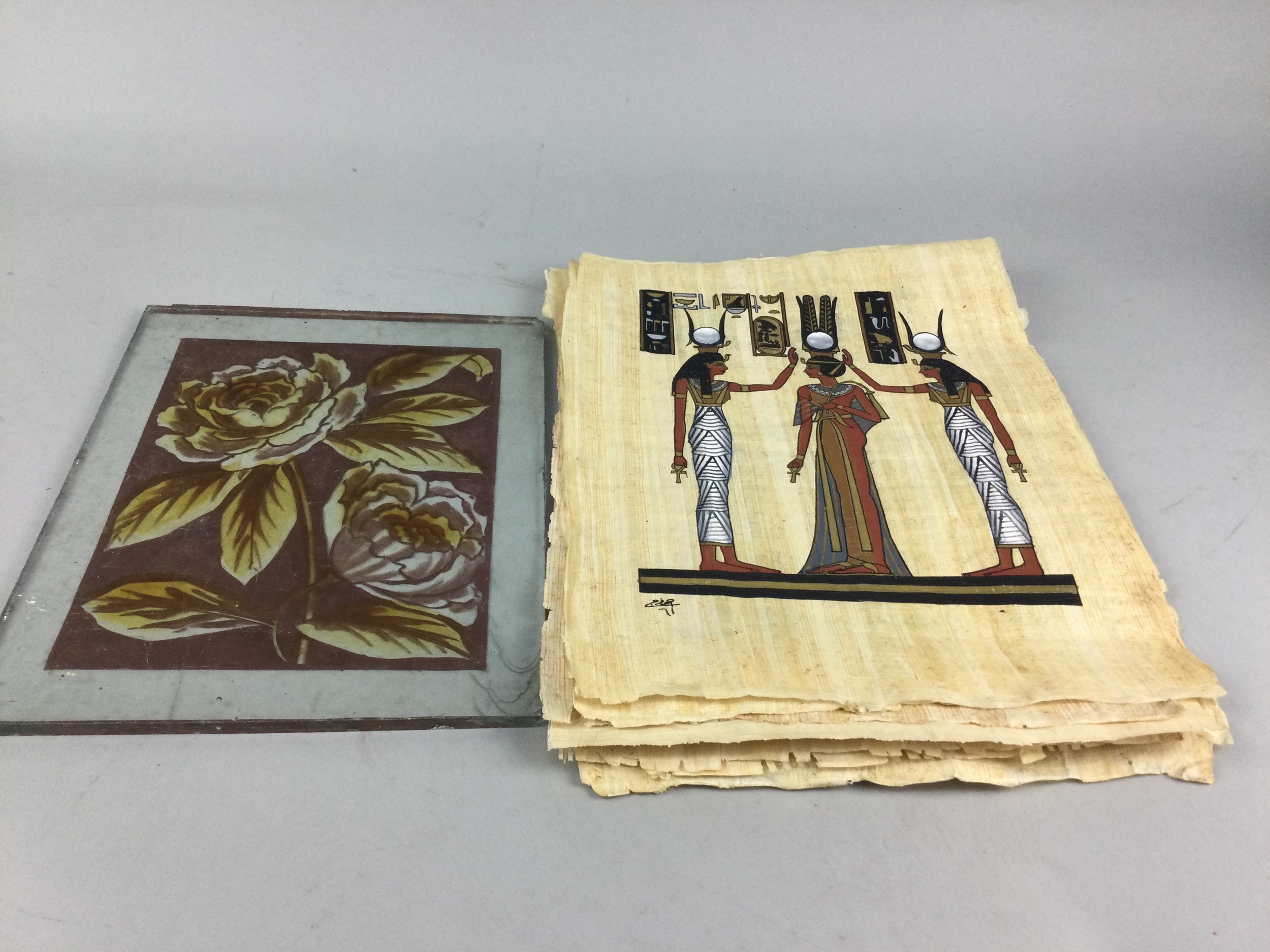 A GRADUATED SET OF THREE LACQUERED SQUARE TRAYS, PICTURES AND A PANEL