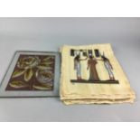 A GRADUATED SET OF THREE LACQUERED SQUARE TRAYS, PICTURES AND A PANEL