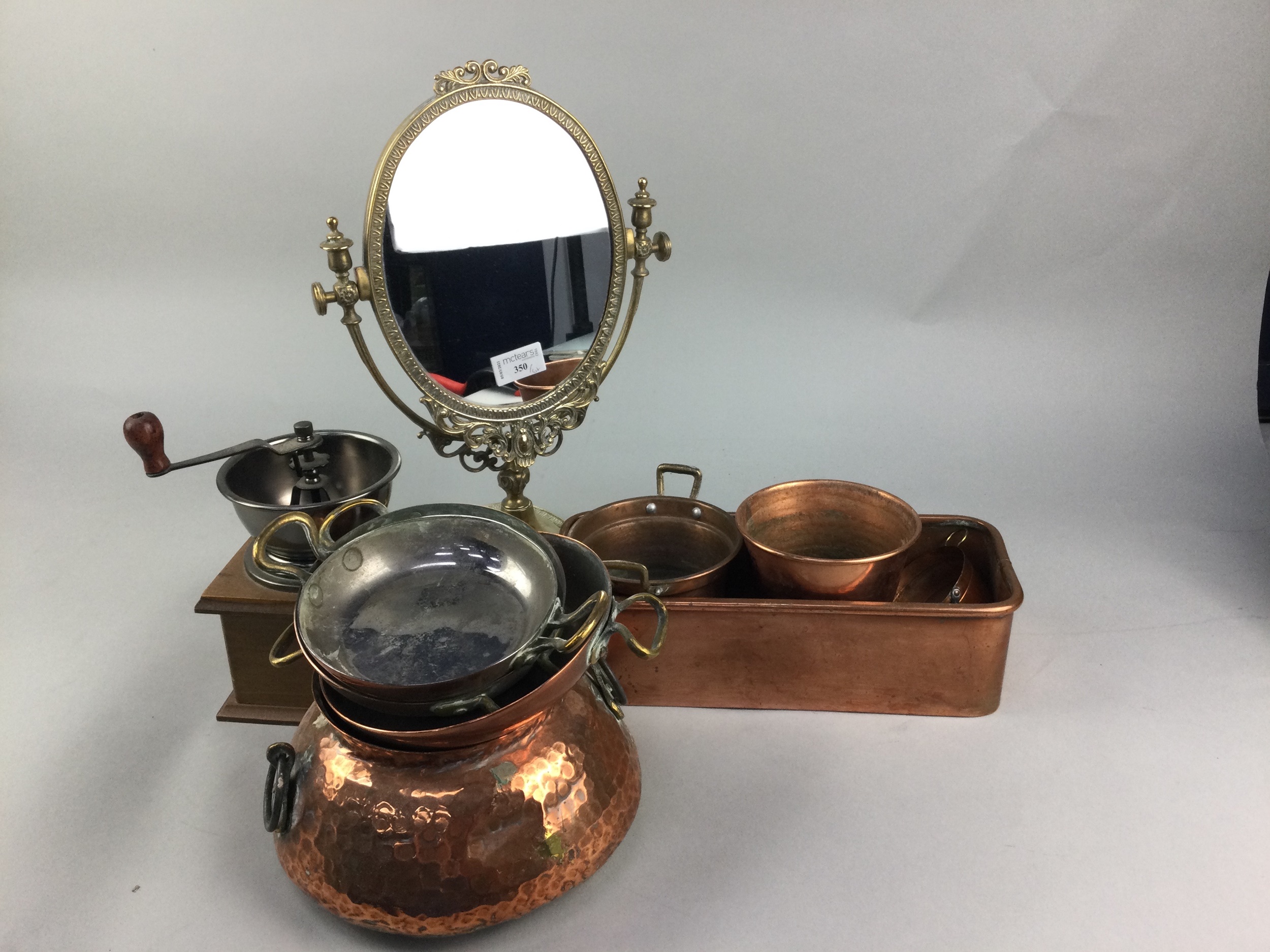 A SILVER PLATED MIRROR, VINTAGE COFFEE GRINDER AND A COLLECTION OF COPPER WARE - Image 2 of 2