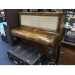 A VICTORIAN WALNUT UPRIGHT PIANO AND A STOOL