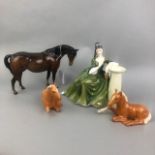 A LOT OF SEVEN BESWICK HORSES ALONG WITH A DOULTON CANDLESTICK