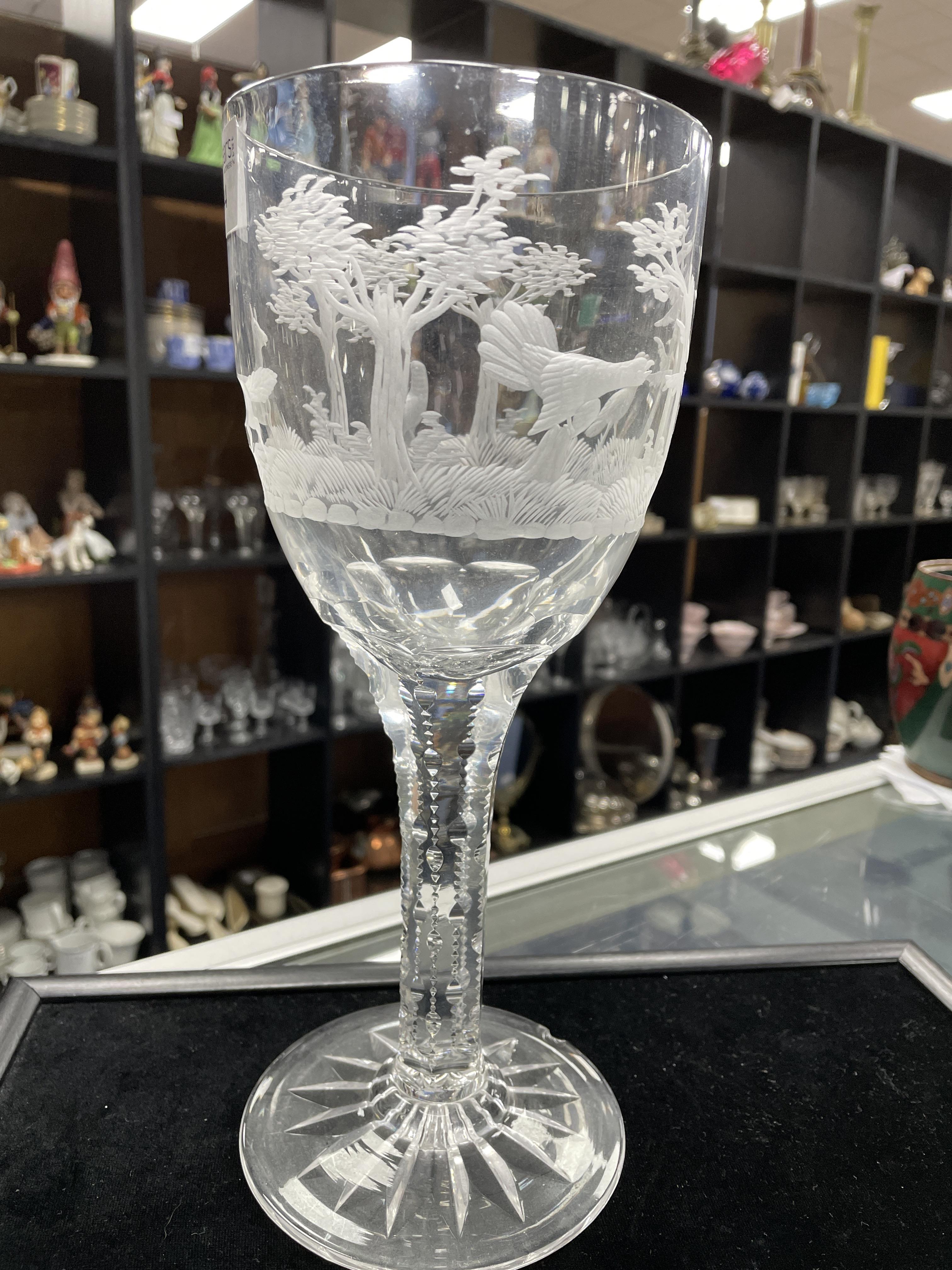AN ETCHED WINE GLASS OF LARGE PROPORTIONS - Image 2 of 2