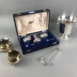 A SILVER PLATED CRUET SET AND OTHER SILVER PLATED WARE