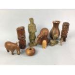 A LOT OF WOODEN ITEMS INCLUDING VASES AND FIGURES
