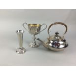 AN EARLY 20TH CENTURY SILVER PLATED KETTLE ON STAND AND OTHER PLATE