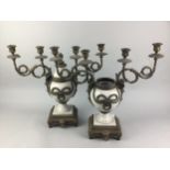 A PAIR OF CANDLEABRA AND A BRASS TABLE LAMP