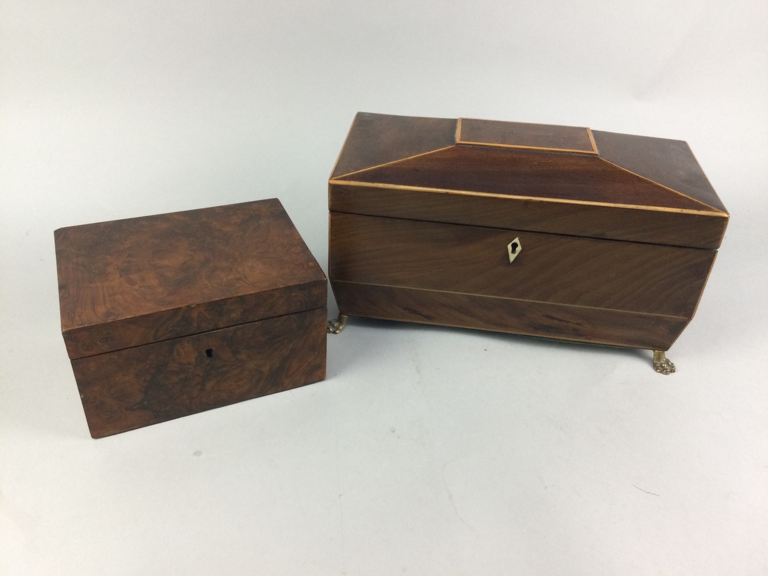 A 19TH CENTURY MAHOGANY SARCOPHAGUS SHAPED TEA CADDY AND A WALNUT CADDY