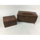 A 19TH CENTURY MAHOGANY SARCOPHAGUS SHAPED TEA CADDY AND A WALNUT CADDY