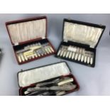 A STAINED WOOD CANTEEN OF SILVER PLATED CUTLERY AND A CASED SET OF CUTLERY