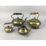 A LOT OF FOUR BRASS KETTLES ALONG WITH A TANTALUS