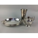 A SILVER PLATED CIRCULAR TRAY AND OTHER PLATE