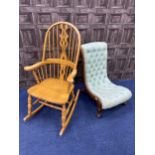 A WALNUT BUTTON BACK NURSING CHAIR AND A PINE ROCKING CHAIR