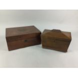 A MAHOGANY SARCOPHAGUS SHAPED TEA CADDY AND A MAHOGANY CASKET