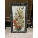 A LOT OF TWO VICTORIAN PAINTED GLASS PANELS AND TWO FRAMED PRINTS