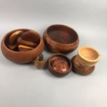 A TREEN FRUIT BOWL, BOOKENDS AND OTHER ITEMS