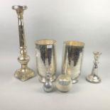 A PAIR OF CANDLESTICKS, A PERFUME BOTTLE AND OTHER ITEMS