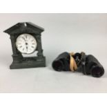 A PAIR OF CARL ZEISS BINOCULARS, CANDLE SNUFFER, MANTEL CLOCK AND OTHER OBJECTS