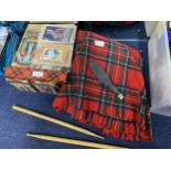 A KILT, TWO SGIAN DUBH'S AND A PAIR OF DRUMSTICKS AND OTHER ITEMS