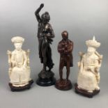 A METAL FIGURE OF ROBERT BURNS AND OTHER FIGURES