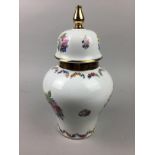 A 20TH CENTURY GERMAN FLORAL DECORATED LIDDED VASE, ALONG WITH OTHER DECORATIVE CERAMICS