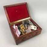 A LOT OF COSTUME JEWELLERY IN AN OAK JEWELLERY BOX