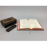 A BURNS POETICAL WORKS LEATHERBOUND BOOK, VINTAGE TINS AND PLAYING CARDS