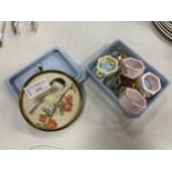 A BRASS FRAMED MINIATURE PORTRAIT OF A BIRD, NAPKIN RINGS AND BROOCHES