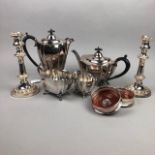 A SILVER PLATED FOUR PIECE TEA SERVICE AND OTHER PLATED WARE