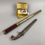 A MIDDLE EASTERN DAGGER, TELESCOPE AND TWO WWI TINS