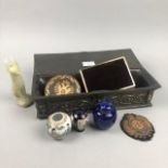 A GILDED WOOD TRINKET BOX AND OTHER ITEMS