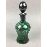 A 20TH CENTURY GREEN GLASS DECANTER WITH STOPPER AND PORTRAIT MINIATURES