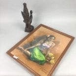 A BALINESE MIXED MEDIA STUDY OF A SEATED GIRL, ALONG WITH A COROMANDEL WOOD CARVING
