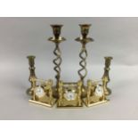 A PAIR OF BRASS CANDLESTICKS, CLOCKS AND COINS