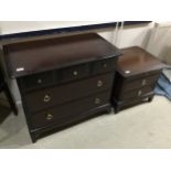 A STAG DRESSING CHEST, STOOL, CHEST OF DRAWERS AND TWO BEDSIDE CHESTS