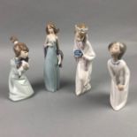 A LLADRO FIGURE OF A FEMALE AND THREE OTHER FIGURES